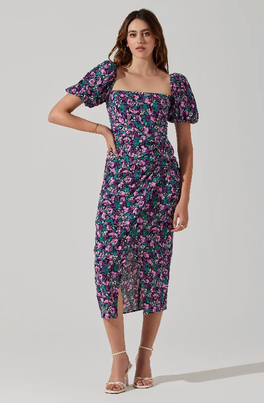 Floral Square Neck Slit Front Midi Dress