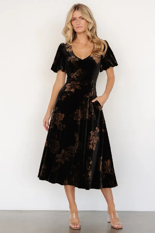 Janna Velvet Midi Dress | Black + Bronze Floral