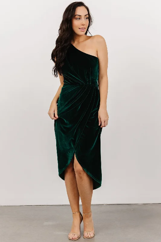 Kourtney Velvet One Shoulder Midi Dress | Emerald