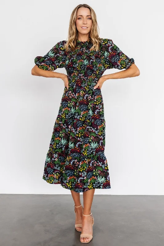 Lena Tiered Midi Dress | Black Multi Floral