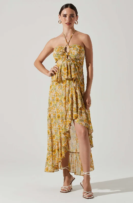 Vivee Floral Asymmetrical Halter Maxi Dress