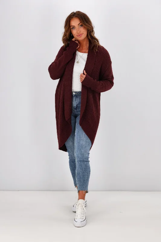 Alpine By Shine On Piccolo Merino Longline Scooped Hem Cardigan Claret