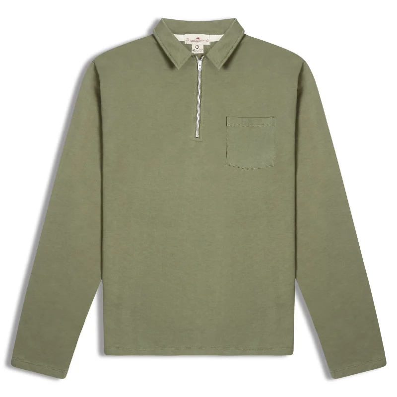 Burrows & Hare Quarter Zip Long Sleeve Polo - Khaki Green