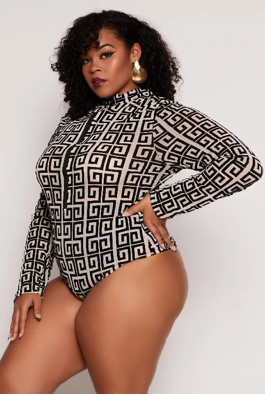 Plus Size Geometric Print Half Zip Bodysuit