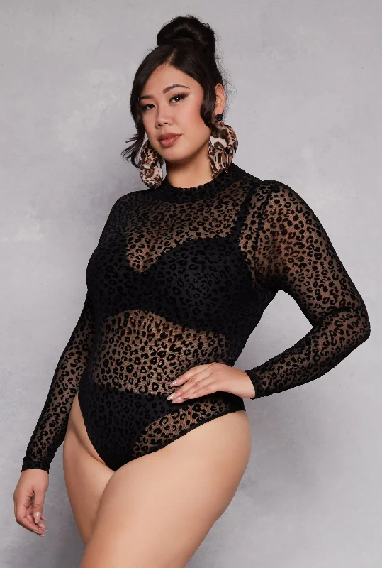 Plus Size Mesh Velvet Burnout Leopard Print Bodysuit