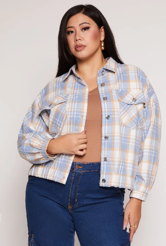 Plus Size Plaid Brushed Knit Flannel Shirt