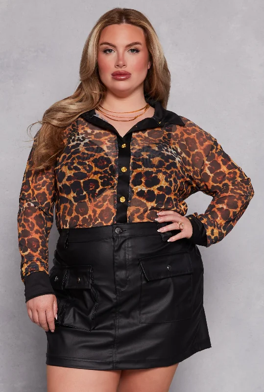 Plus Size Leopard Mesh Button Front Shirt