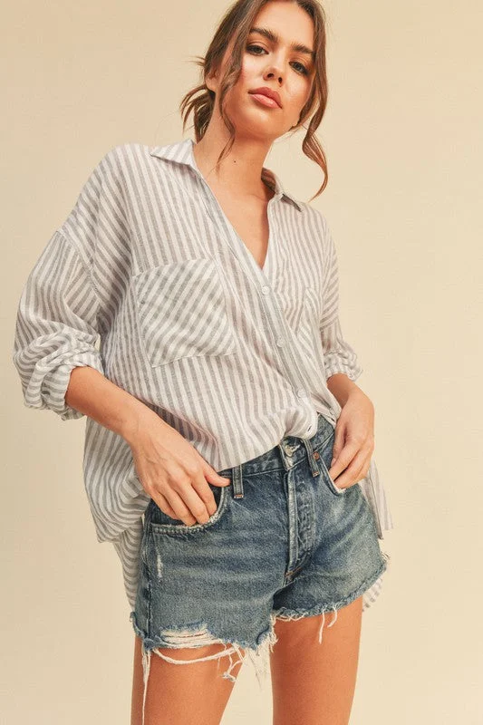 Chandler Long Sleeve Stripe Print Button Down Top Grey