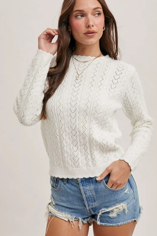 Clarissa Long Sleeve Open Crochet Knit Sweater Top White