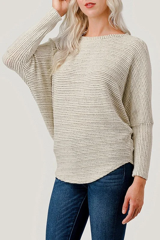 Darcy Long Dolman Sleeve Striped Ribbed Top Ivory