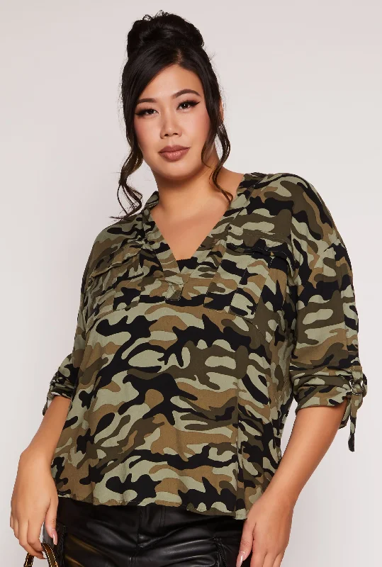 Plus Size Camo V Neck Pocket Detail Blouse