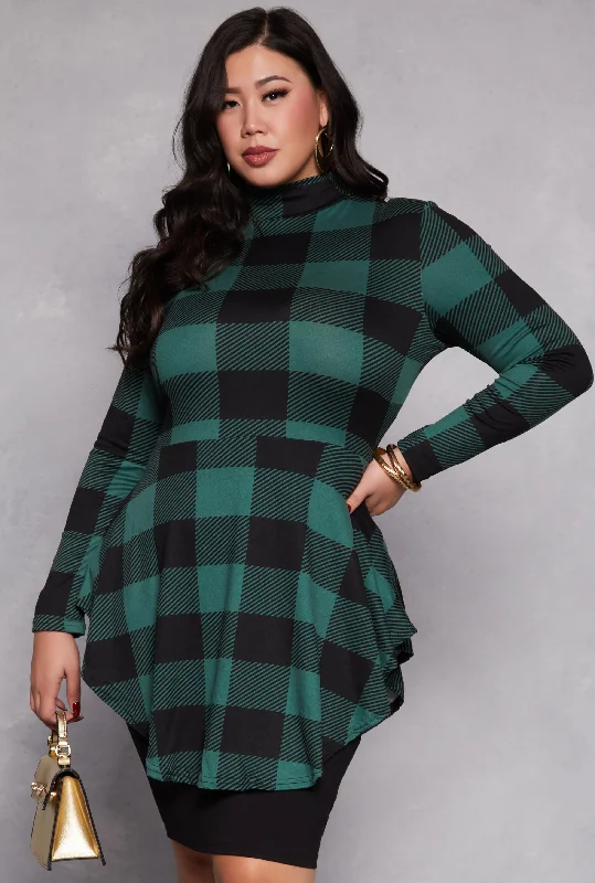 Plus Size Buffalo Plaid Mock Neck Peplum Top