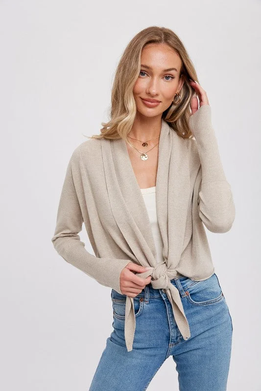 Julianne Long Sleeve Tie Front Sweater Top Taupe