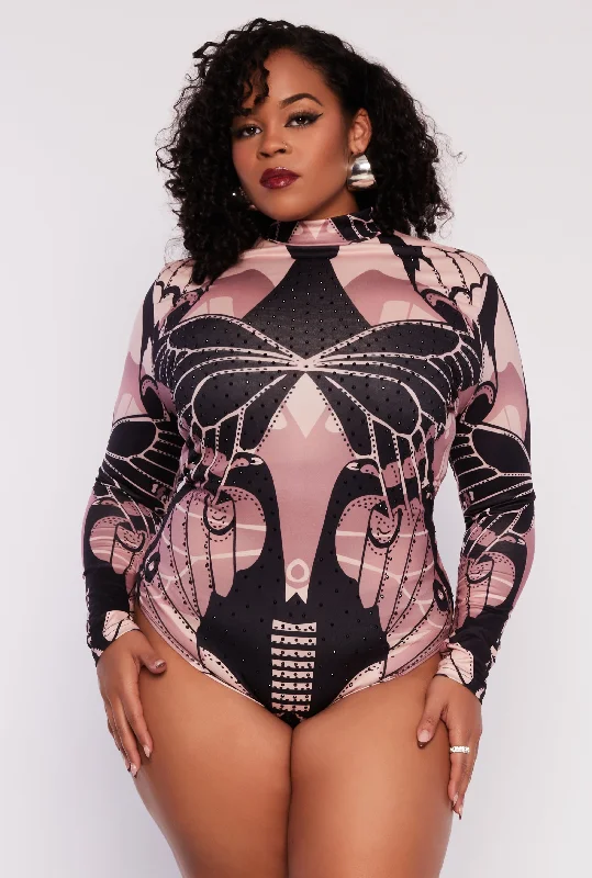 Plus Size Rhinestone Abstract Print Bodysuit