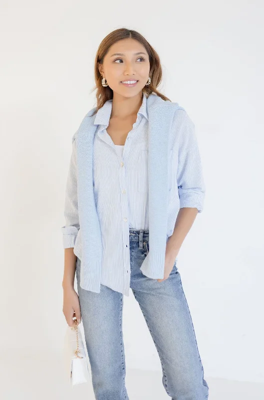 Tamra Long Sleeve Stripe Print Button Down Top Light Blue