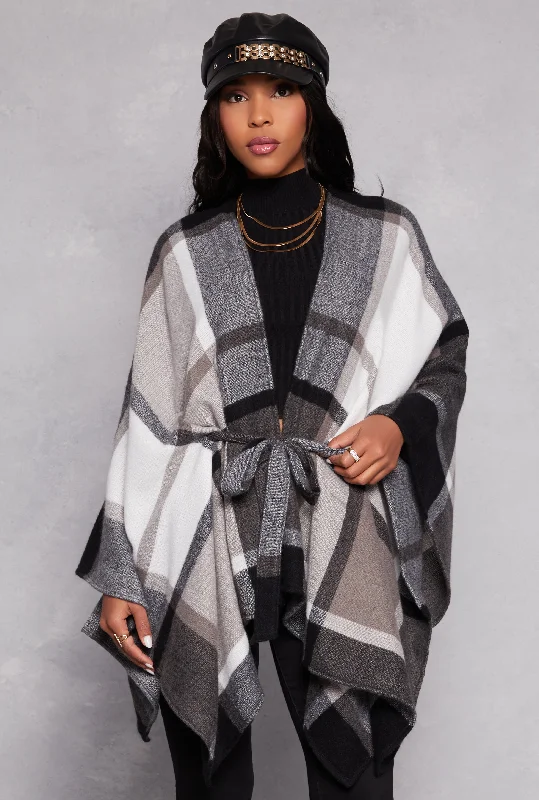 Brushed Knit Plaid Tie Waist Belted Poncho