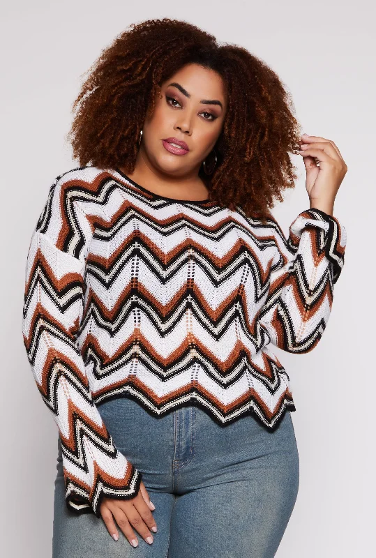 Plus Size Chevron Crochet Crew Neck Sweater