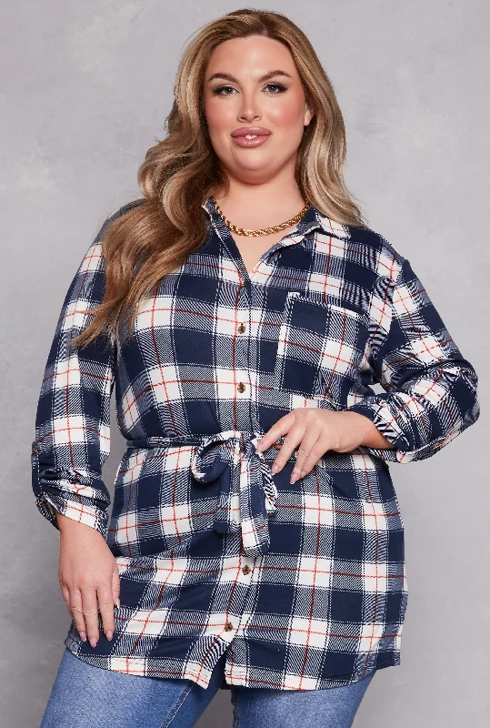 Plus Size Plaid Tie Waist Belted Shirt