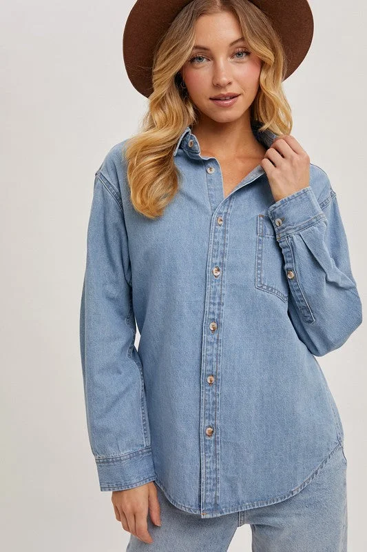 Olive Long Sleeve Button Down Denim Top Light Wash