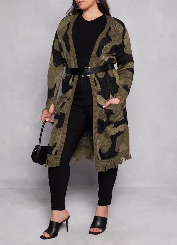 Plus Size Camo Distressed Long Cardigan