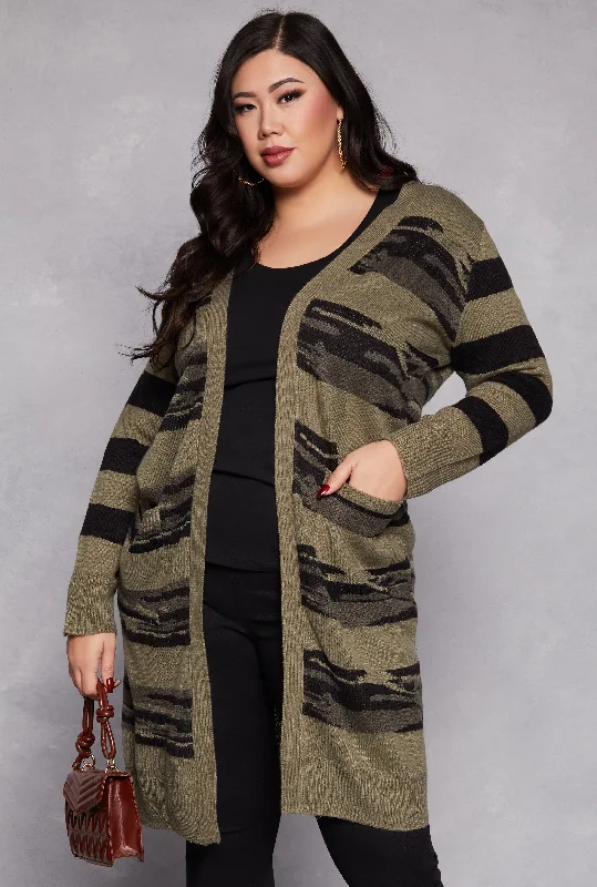 Plus Size Camo Print Open Front Long Cardigan