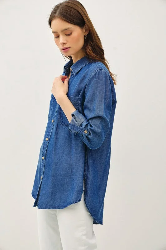 Olivia Long Sleeve Button Down Denim Top Dark Wash