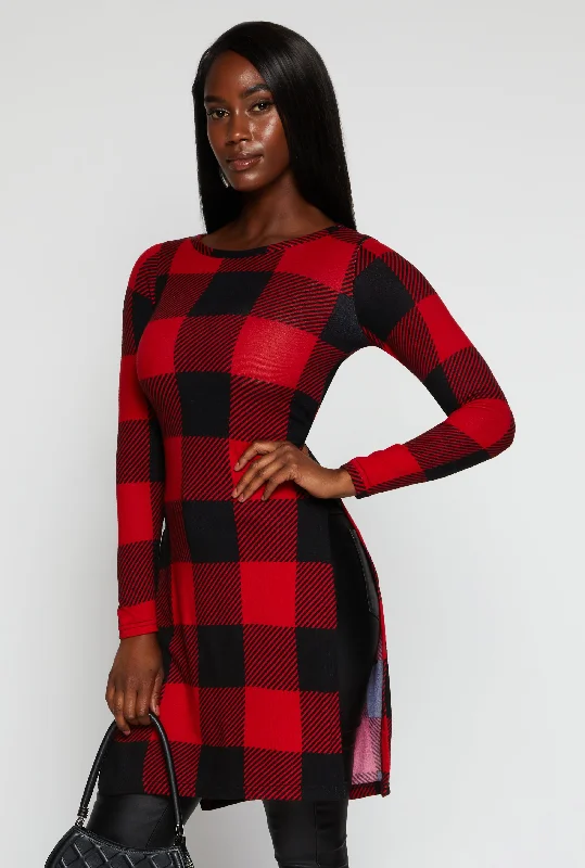 Plaid Long Sleeve Side Slit Tunic Top