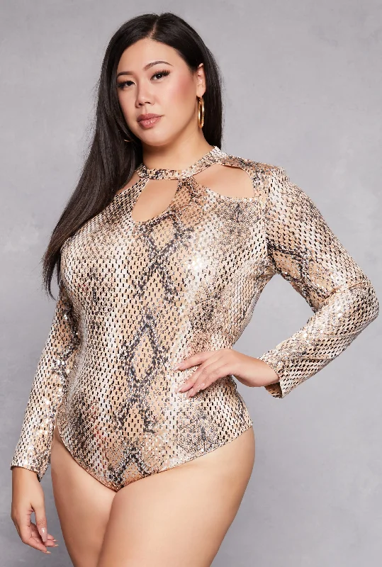 Plus Size Animal Print Foiled Cut Out Bodysuit