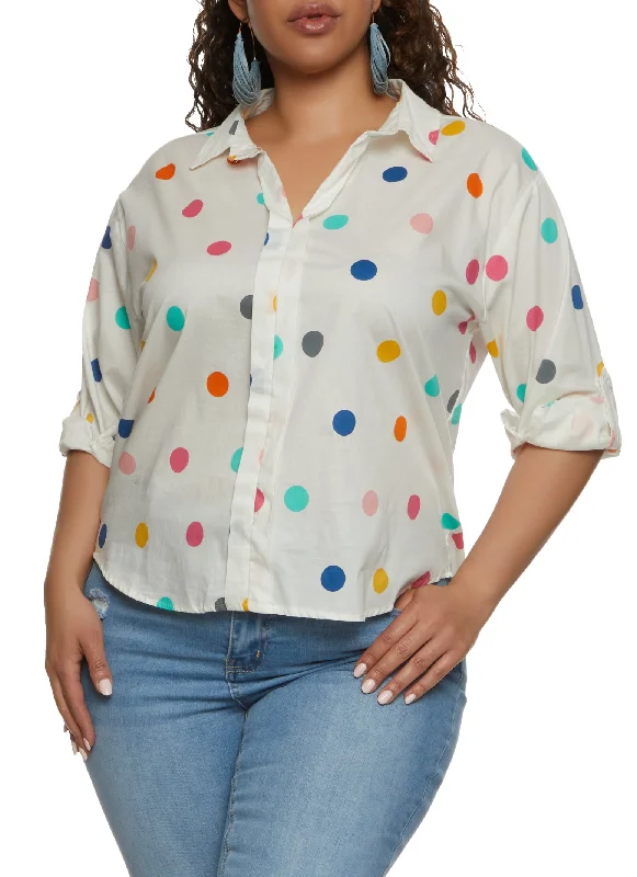 Plus Size Rainbow Polka Dot Tabbed Sleeve Shirt