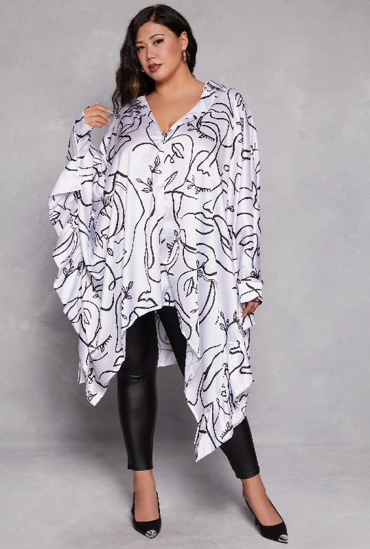 Plus Size Satin Face Print Sharkbite Hem Blouse